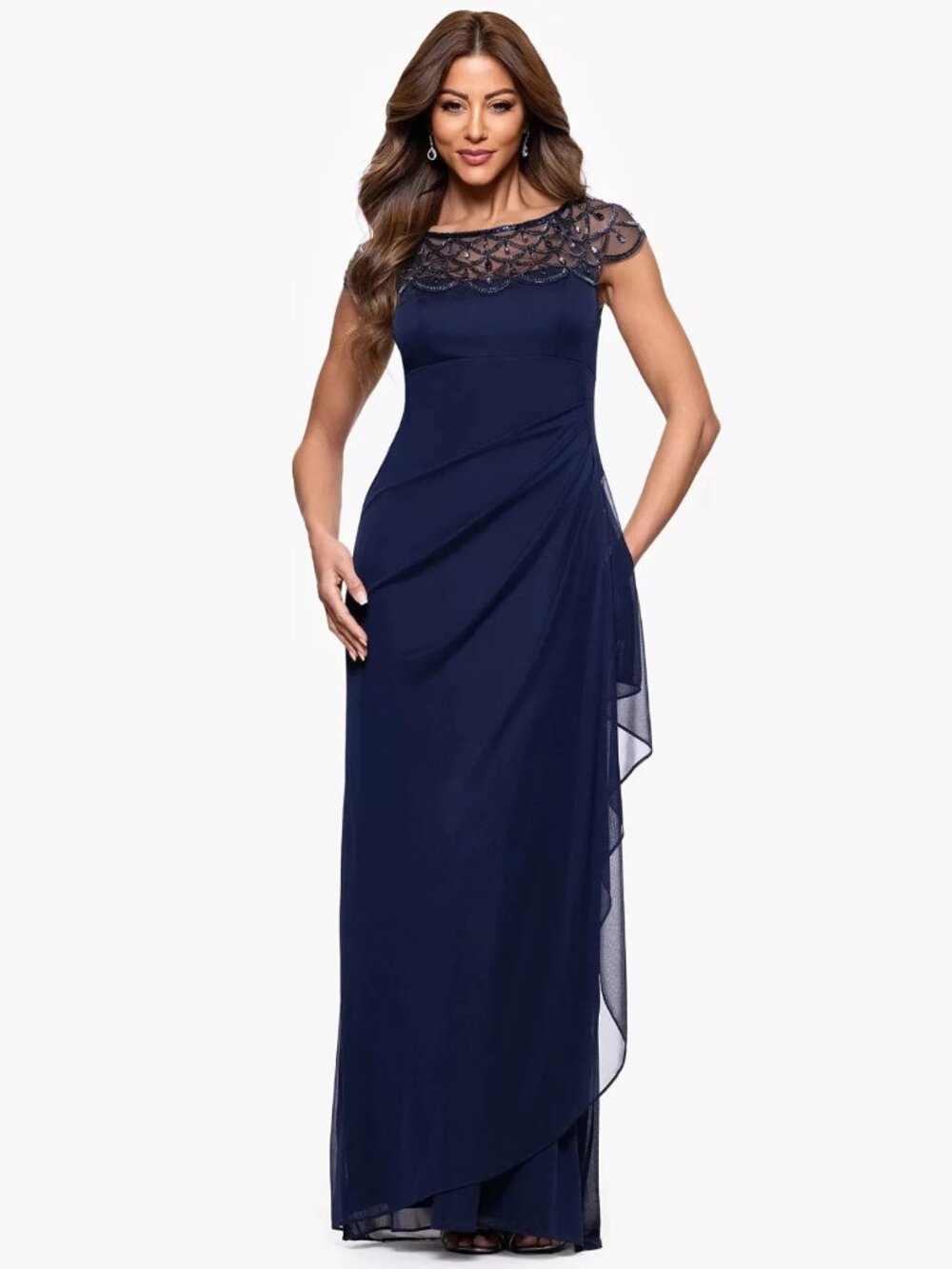 Xscape Navy Blue Embellished Illusion Yoke Column Gown Dress